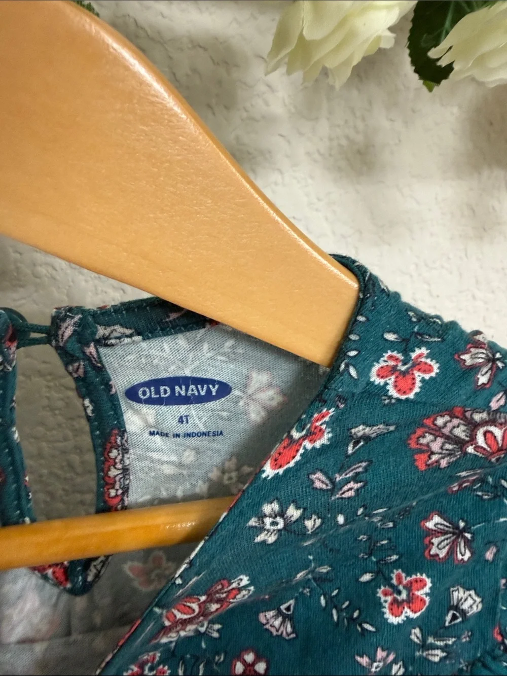 Old Navy • Teal Ruffle Cotton Long-Sleeve Top with Red Floral Accents